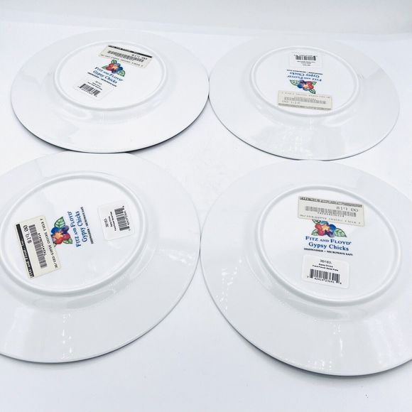 Set Of 4 Fitz and Floyd Gypsy Chicks Salad Plates 8 1/2" Diameter Field Flowers - Picture 5 of 5
